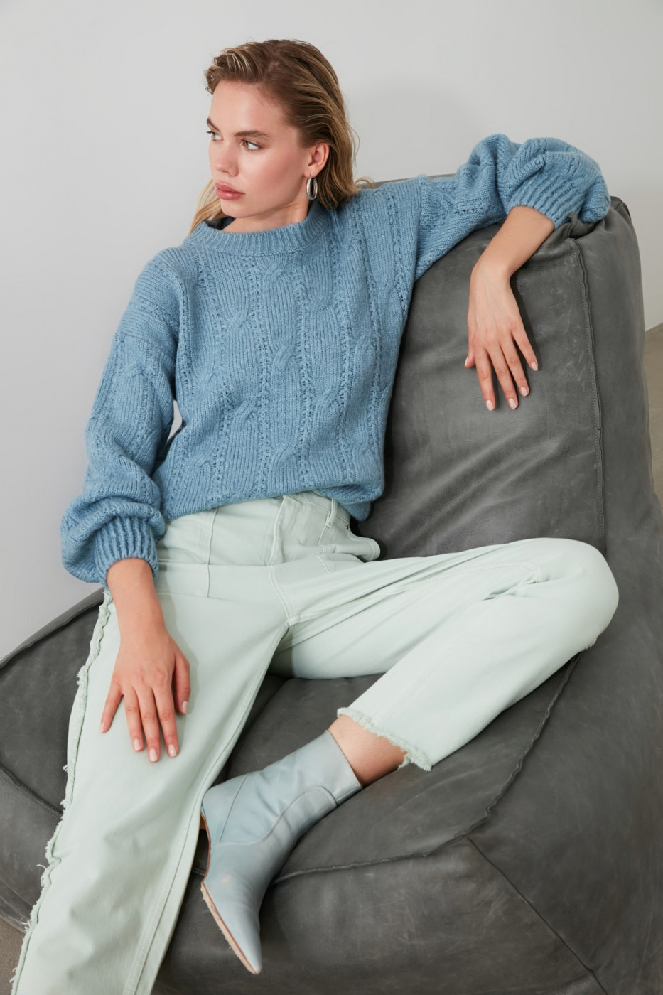 Trendyol Blue Braid Detailed Oversize Knitwear Sweater