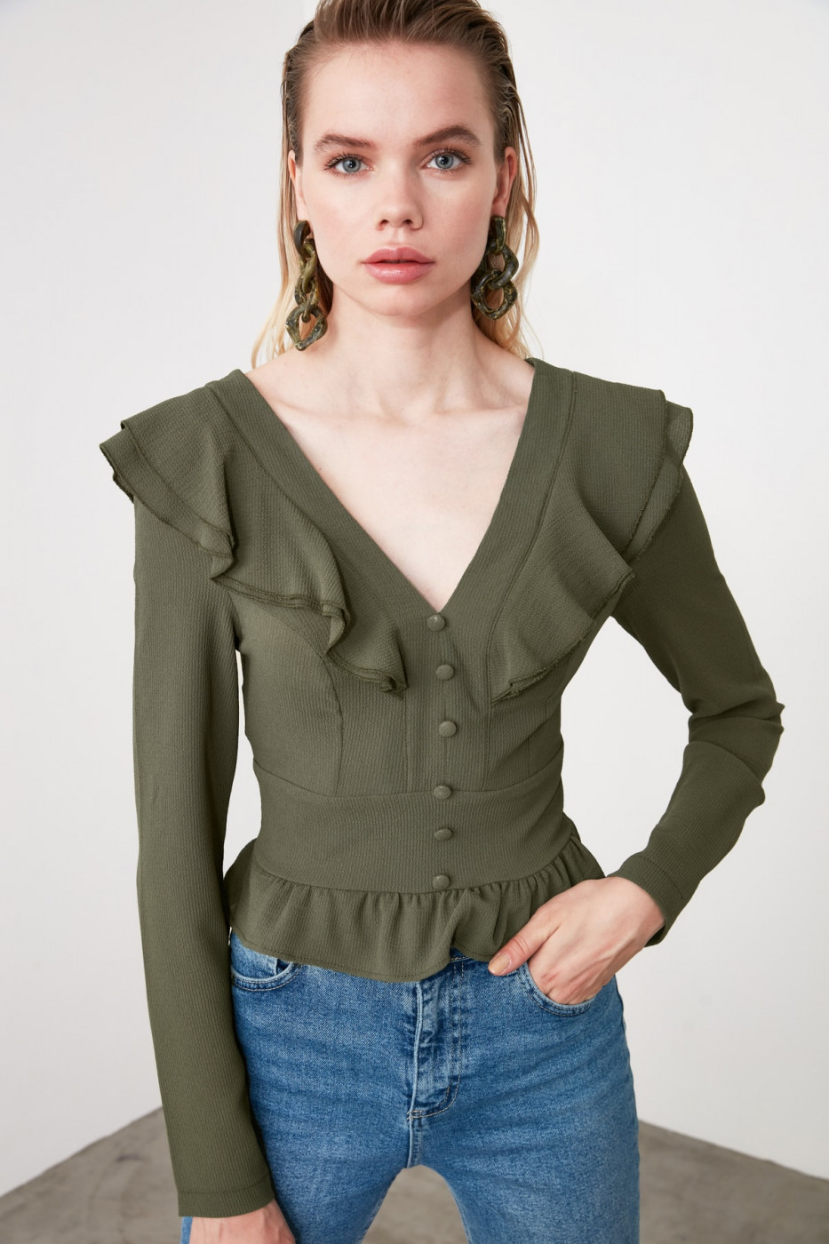 Trendyol Khaki Button Detailed Blouse