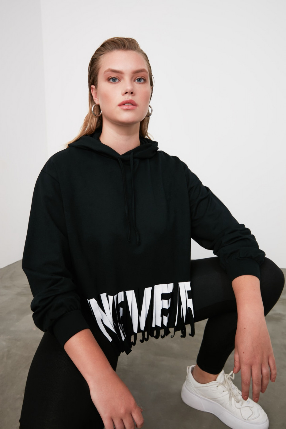 Trendyol Black Printed Tassel Detailed Oversize Hooded Knitted Sweatshirt