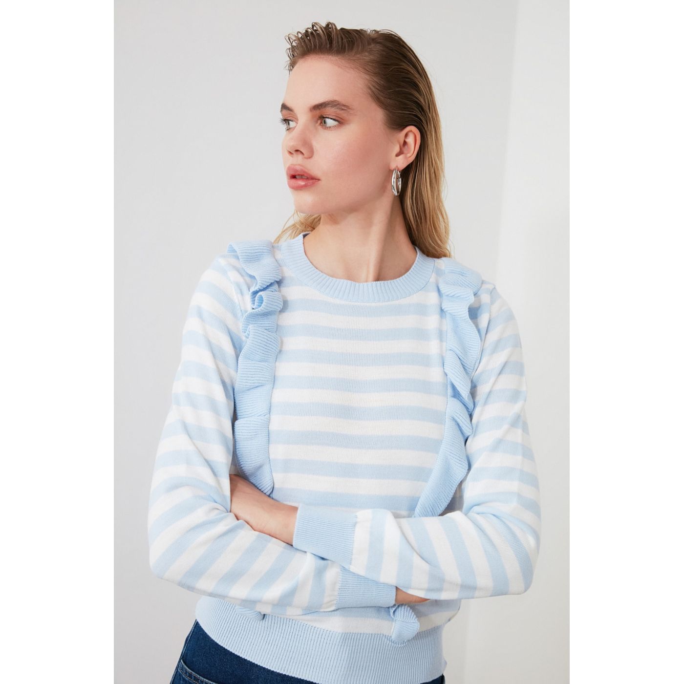 Trendyol Blue Frill Detailed Striped Knitwear Sweater