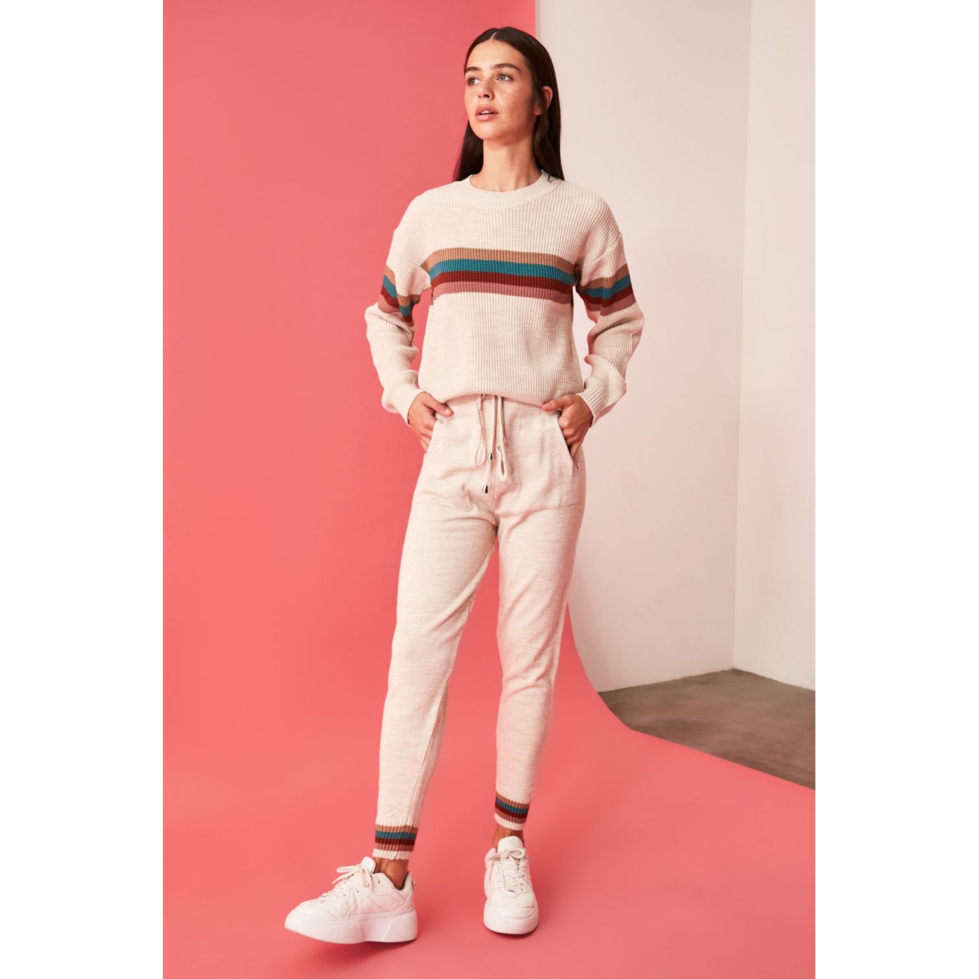 Trendyol Stone Striped 2-Line Knitwear Bottom-Top Suit