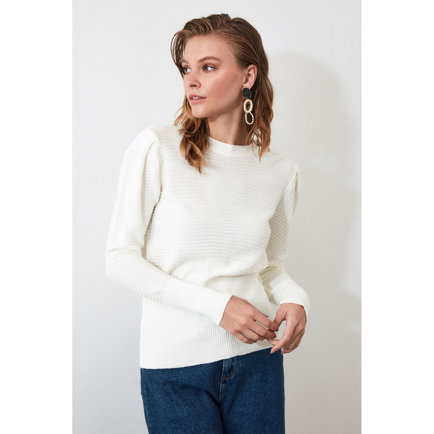 Trendyol Ekru Watermele Sleeve Knitwear Sweater
