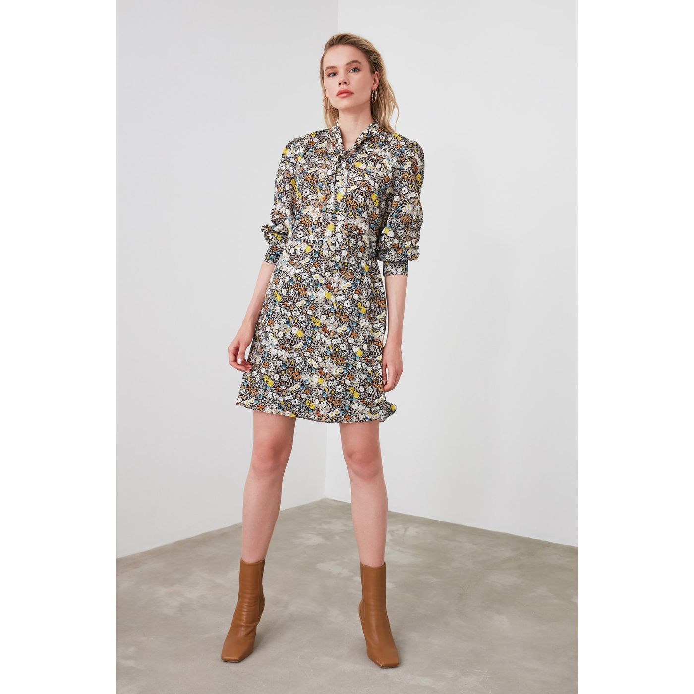 Trendyol Multi-Color Floral Patterned NeckLine Detailed Dress