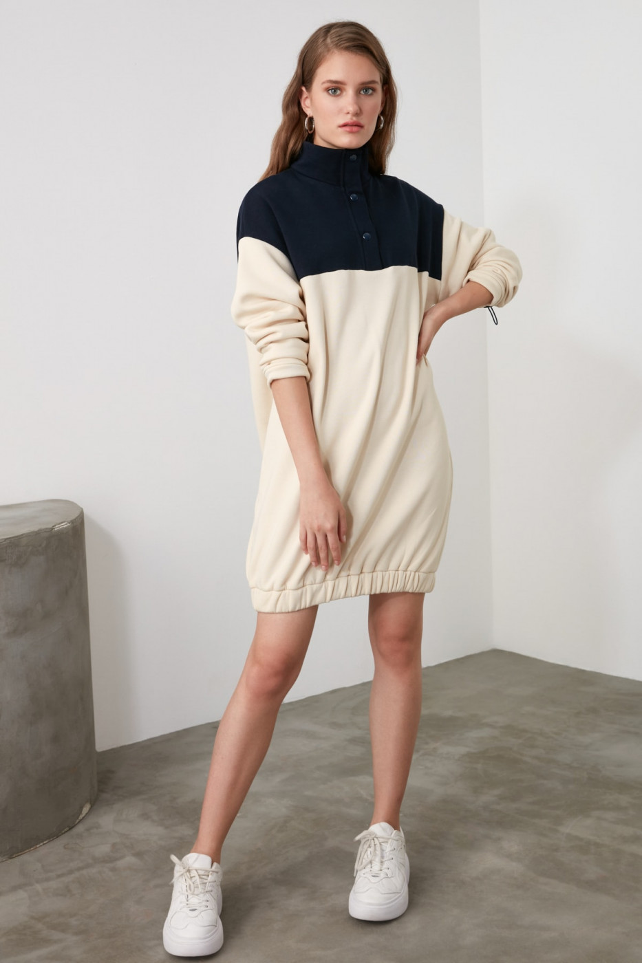 Trendyol Beige Color Blocked Oversize Knitted Sweat Dress