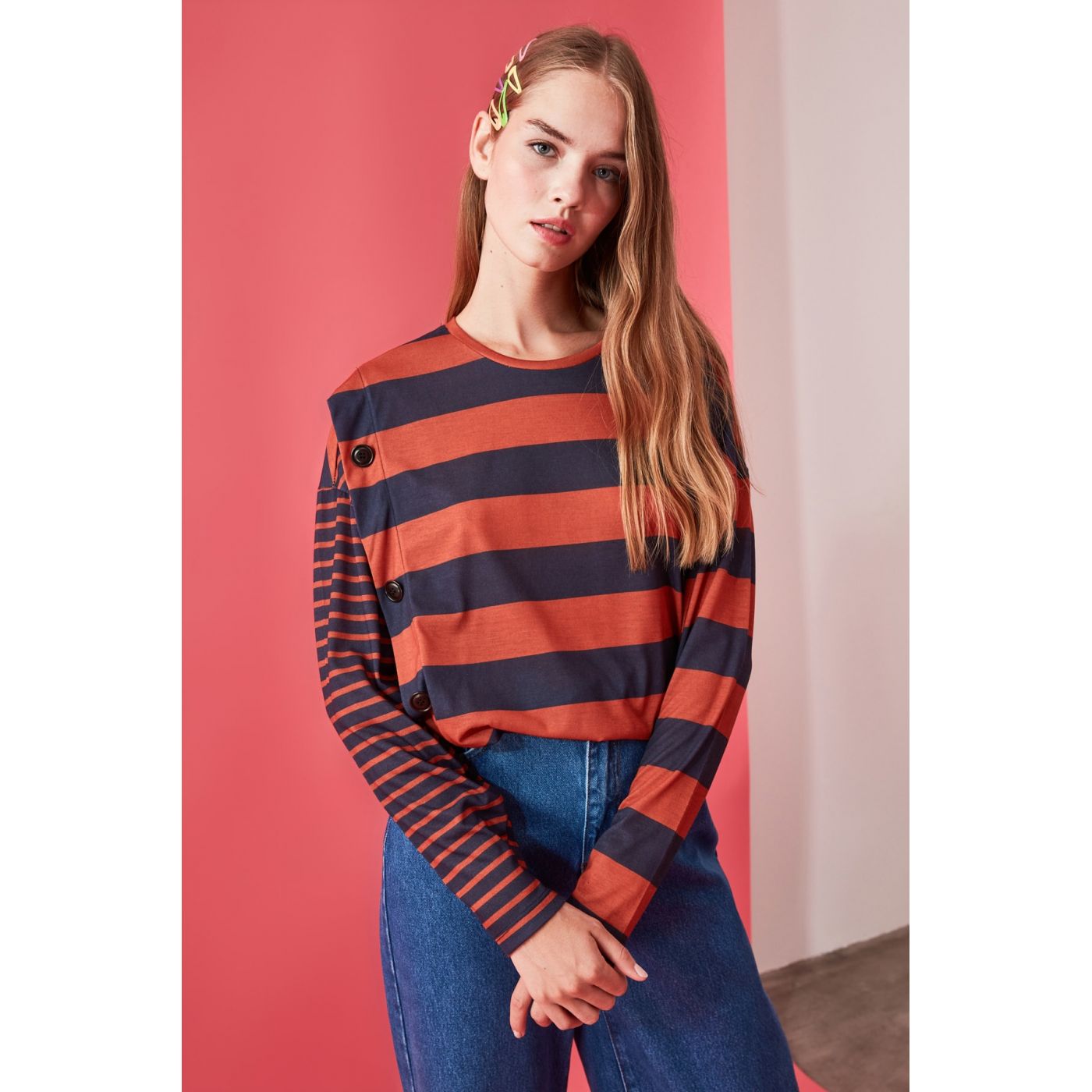Trendyol Navy Striped Knitted T-Shirt
