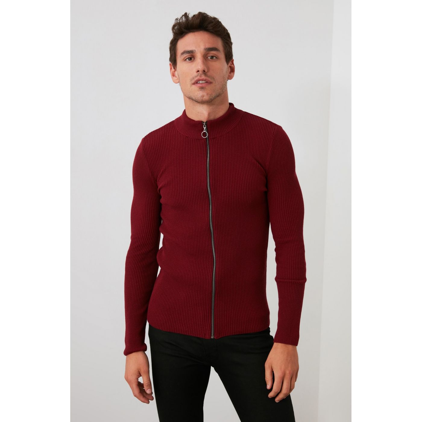 Trendyol New Cardigan with Burgundy Men's Long Sleeve Front Zip