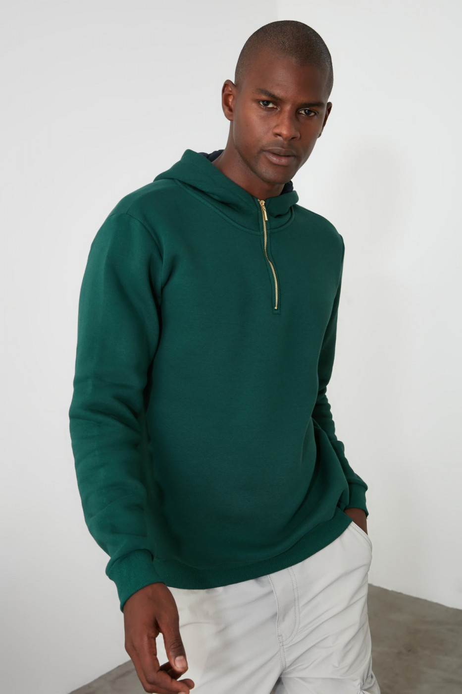 Trendyol Duck Head Green Men's Hooded Half Zip New Sweatshirt