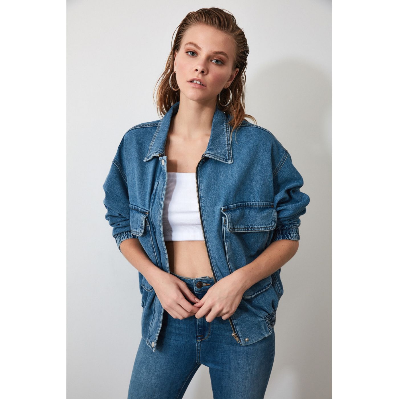 Trendyol Oversize Denim Jacket with Blue Waist Tire