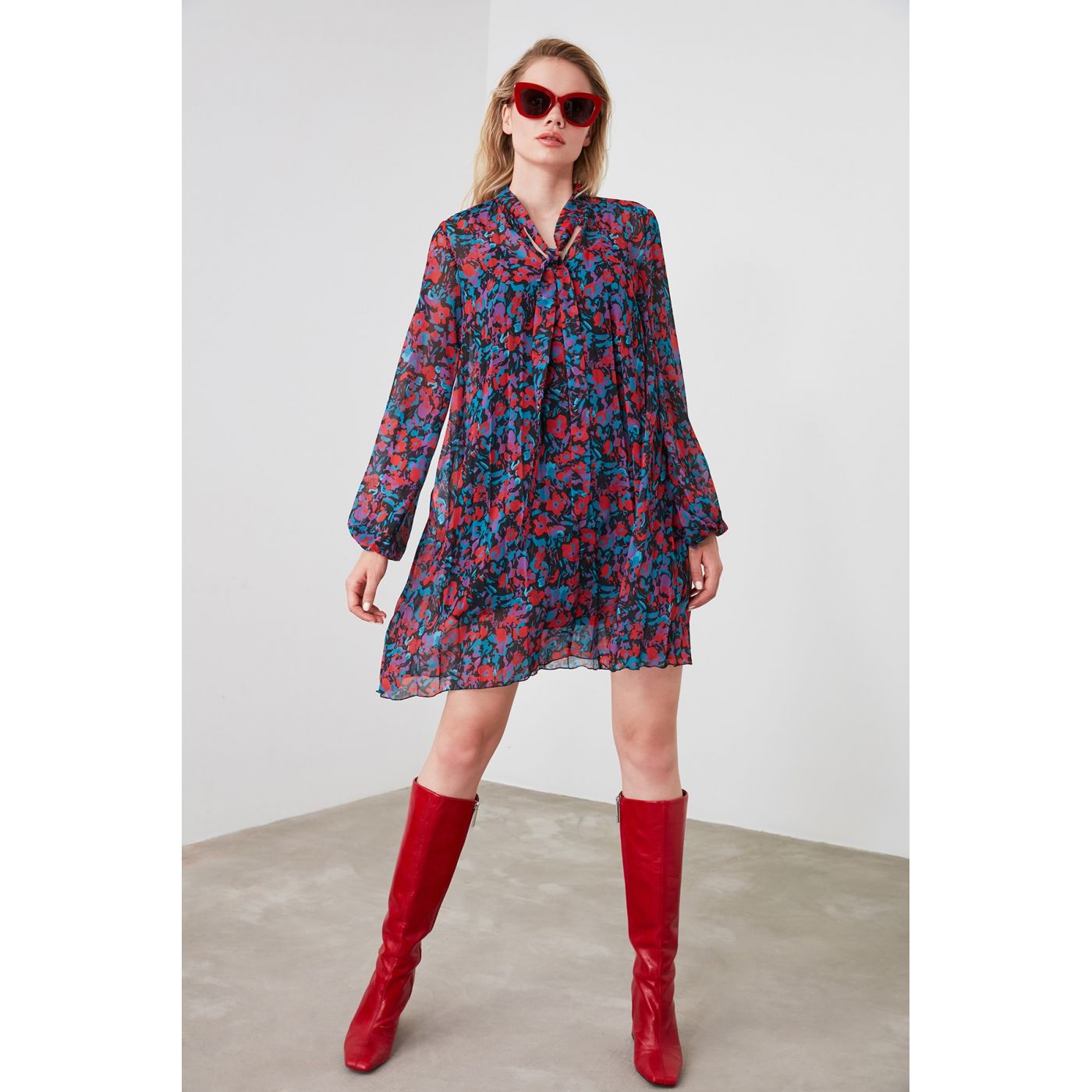 Trendyol Purple Scarf Collar Plise Dress