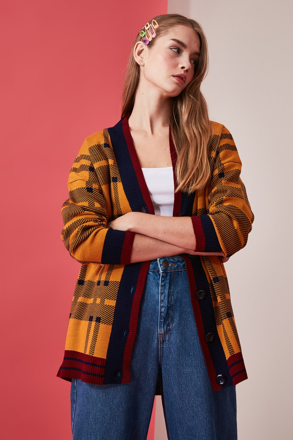 Trendyol Mustard Grid Patterned Knitwear Cardigan