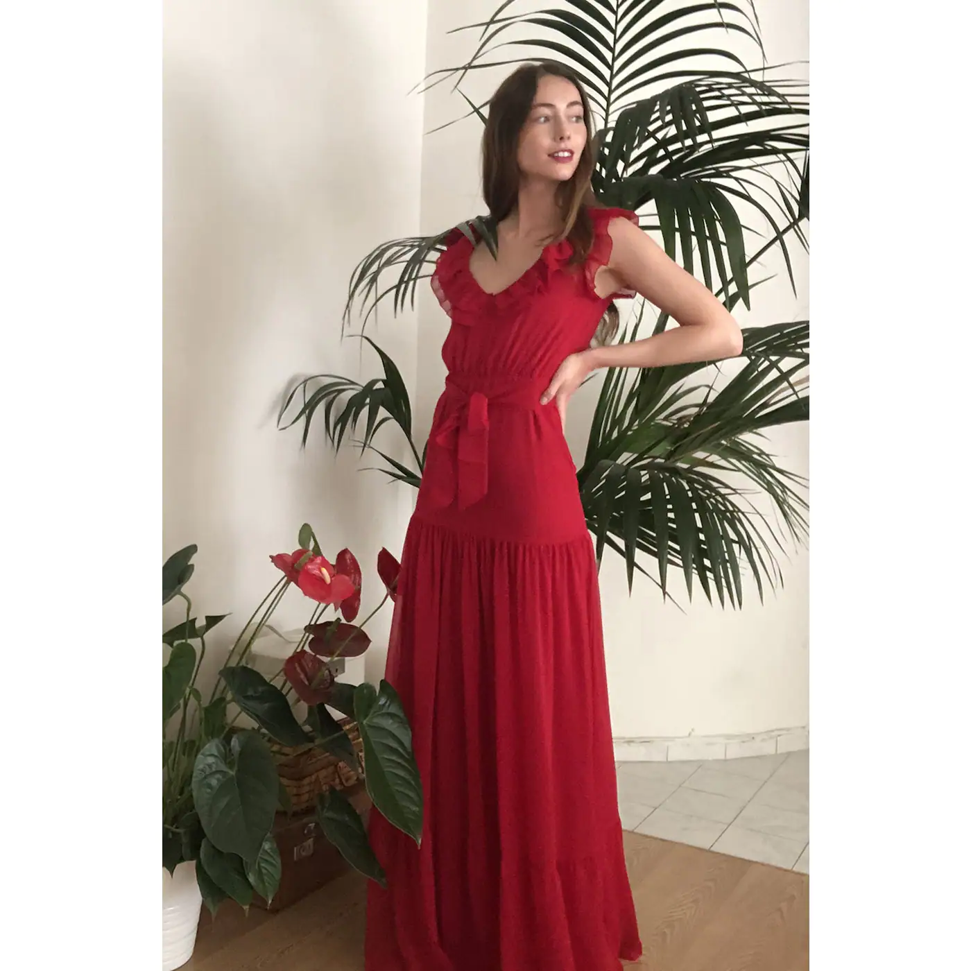 Trendyol Red BeltRuff Detailed Evening Dress & Graduation Dress