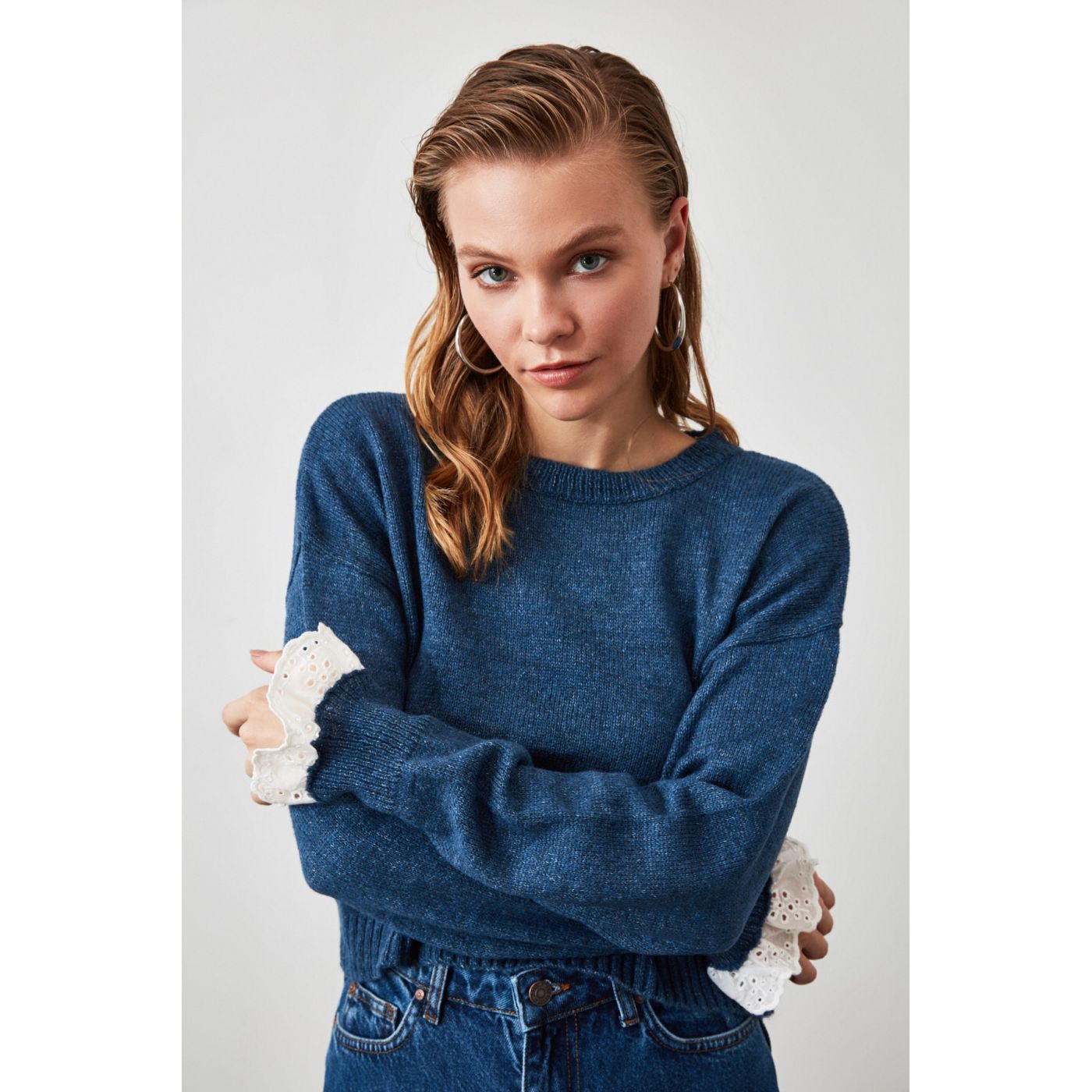 Trendyol Indigo Lace Detailed Knitwear Sweater