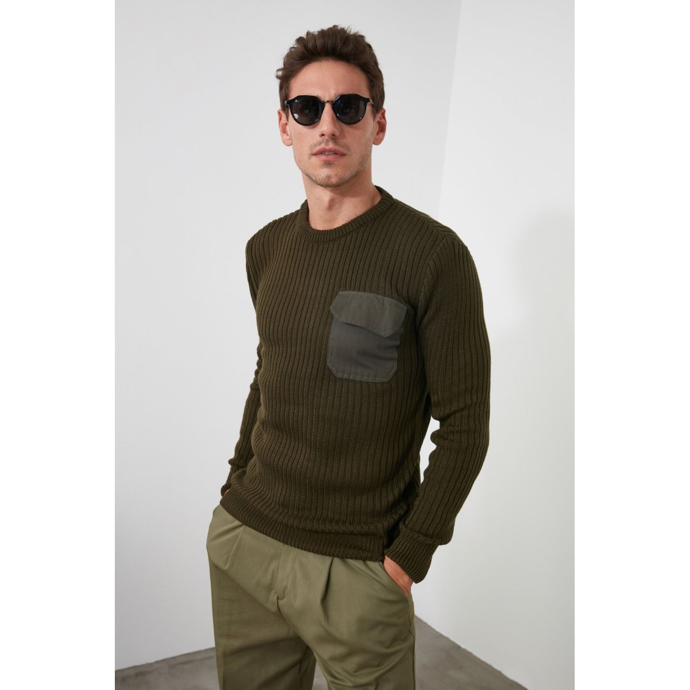 Trendyol Khaki Men's Bicycle Collar Fitilli Micro Pocket Slim Fit Knitwear Sweater