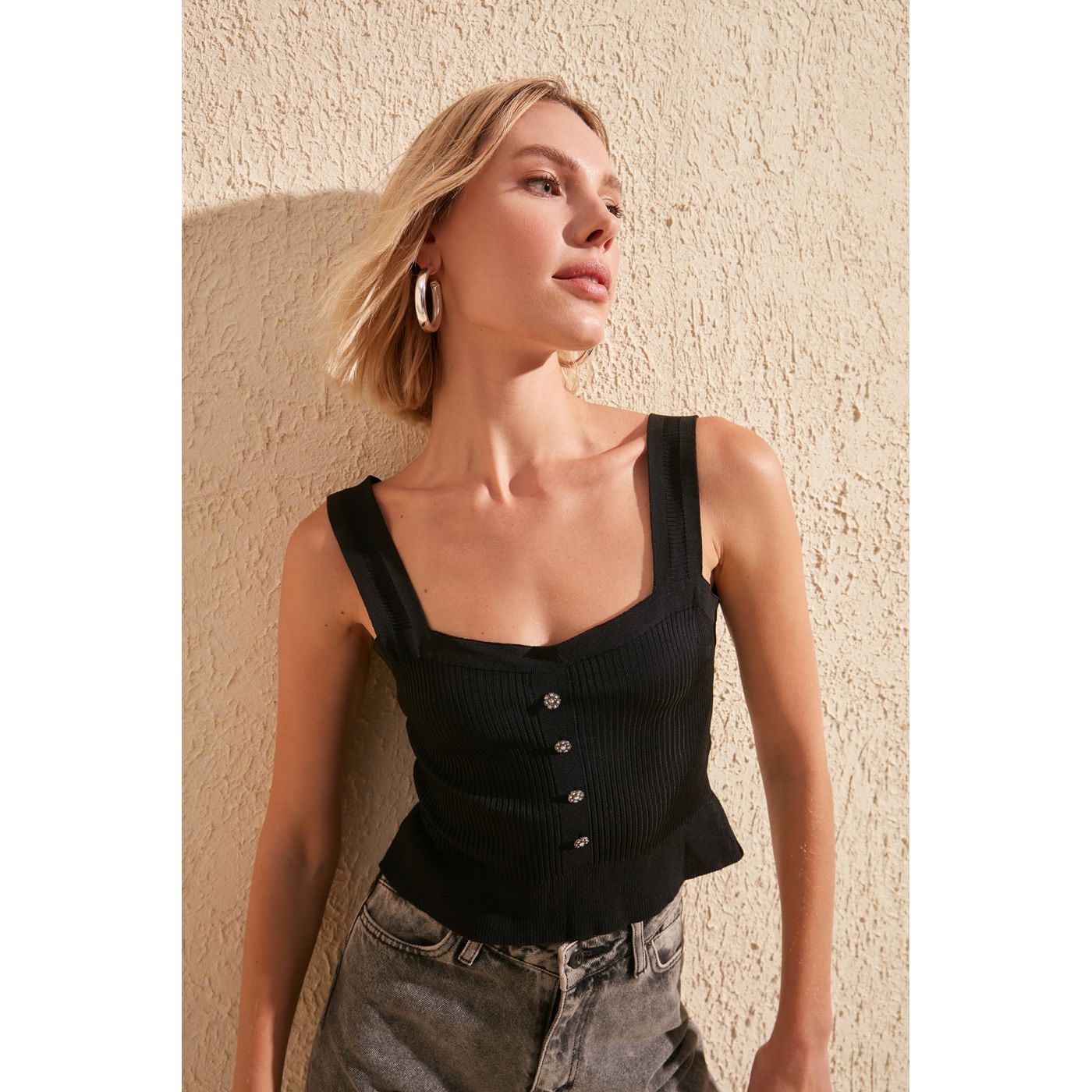 Trendyol Black Button Detailed Knitwear Blouse