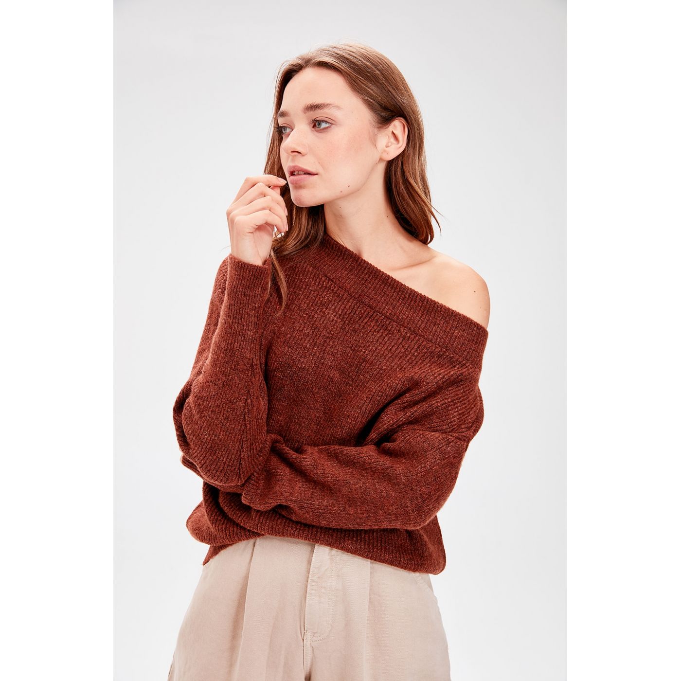Trendyol Brown Boat Collar Knitwear Sweater