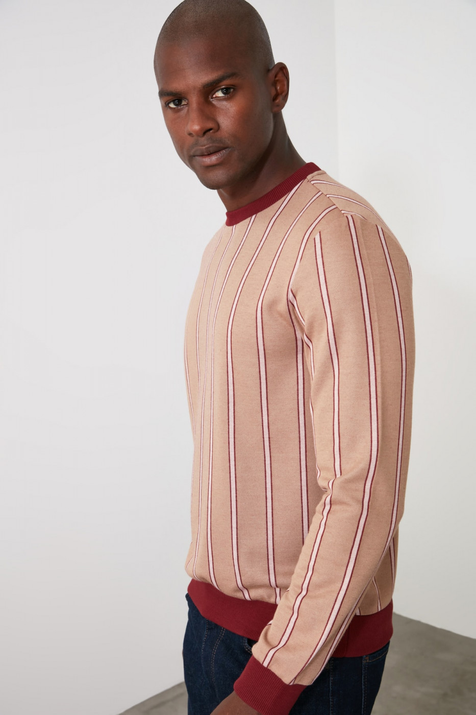 Trendyol Burgundy Men's Striped Sweatshirt