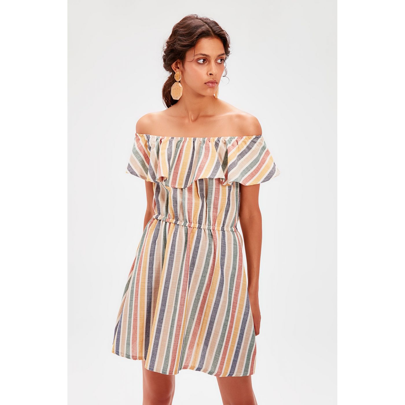 Trendyol Ekru Carmen Collar Striped Dress