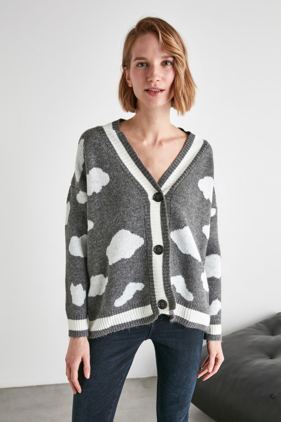 Trendyol Grey Cloud Jacquard Long Knitwear Cardigan