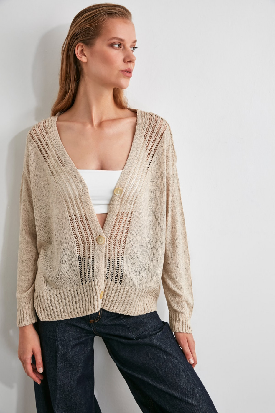 Trendyol Stone Ajur Detailed Knitwear Cardigan
