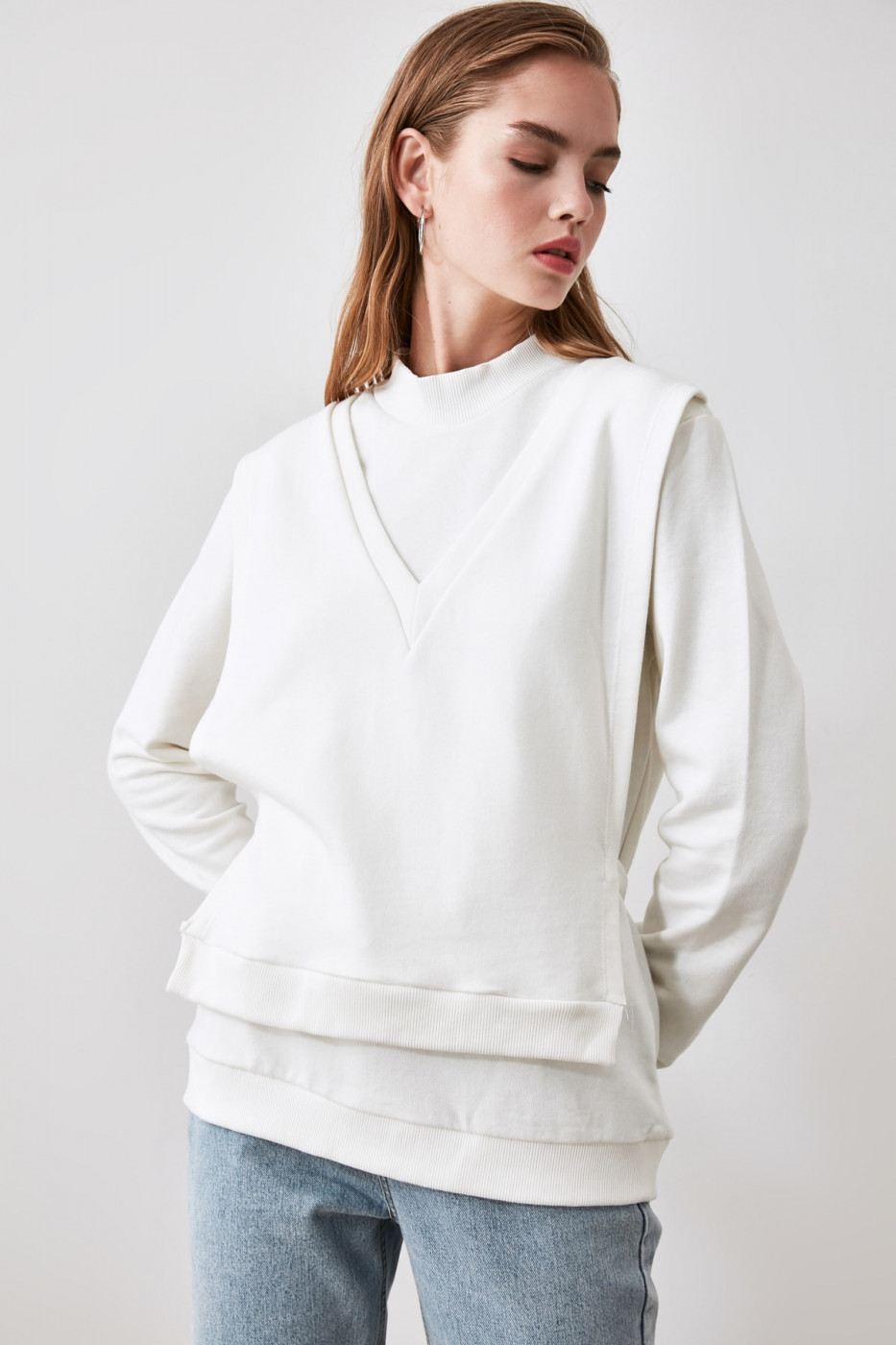 Trendyol Ekru Binding Detailed 2in1 Basic Knitted Sweatshirt