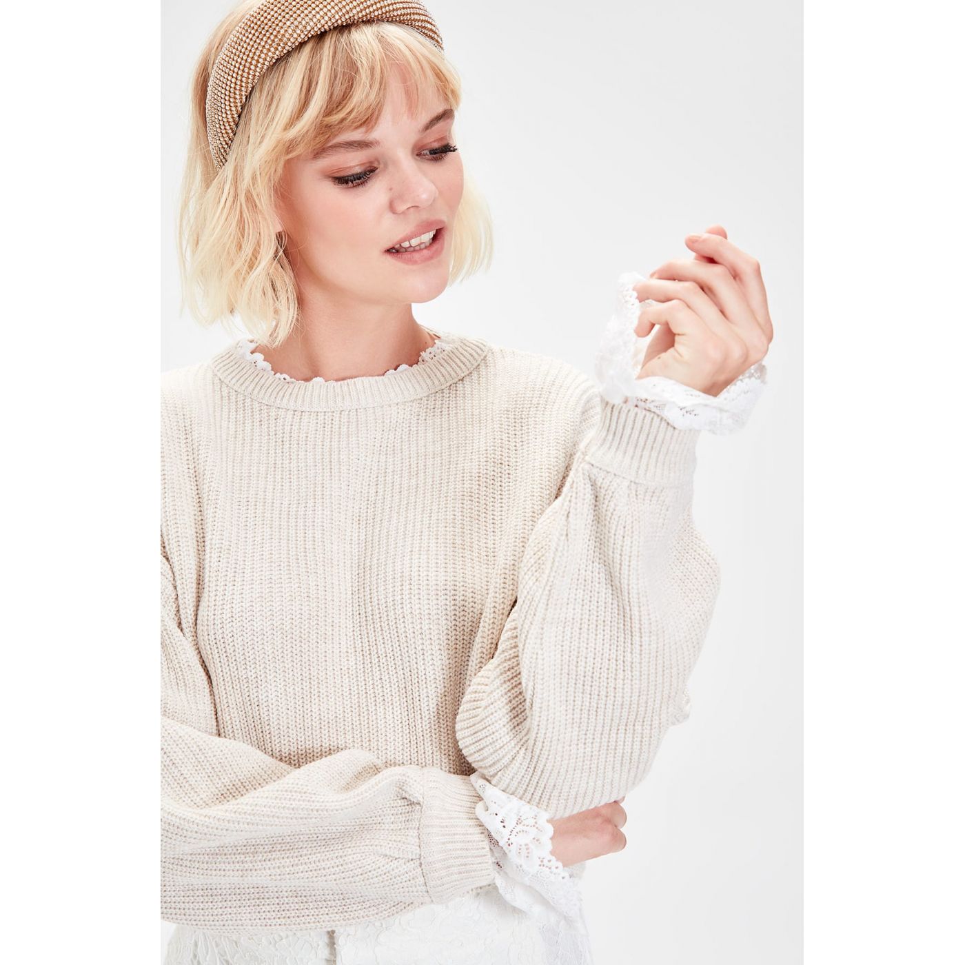 Trendyol Beige Lace Detailed Knitwear Sweater