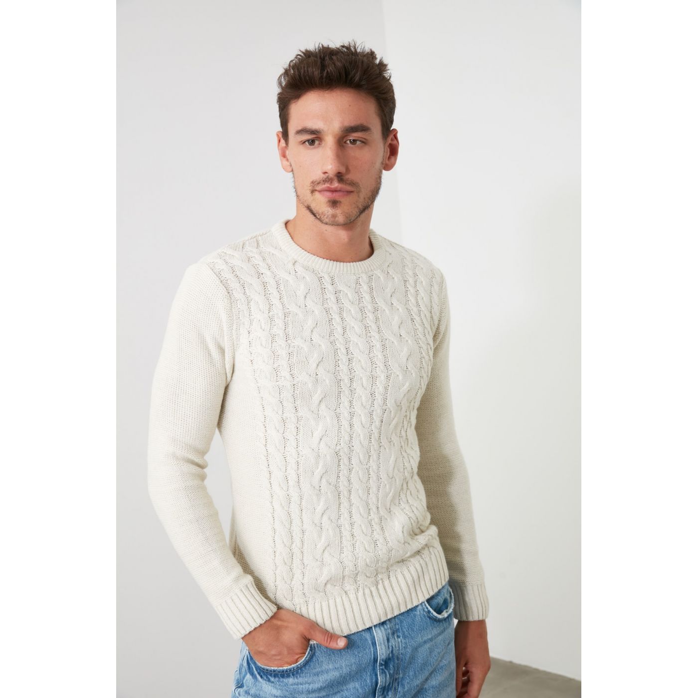 Trendyol Ekru Men's Bike Collar Braid Sweater