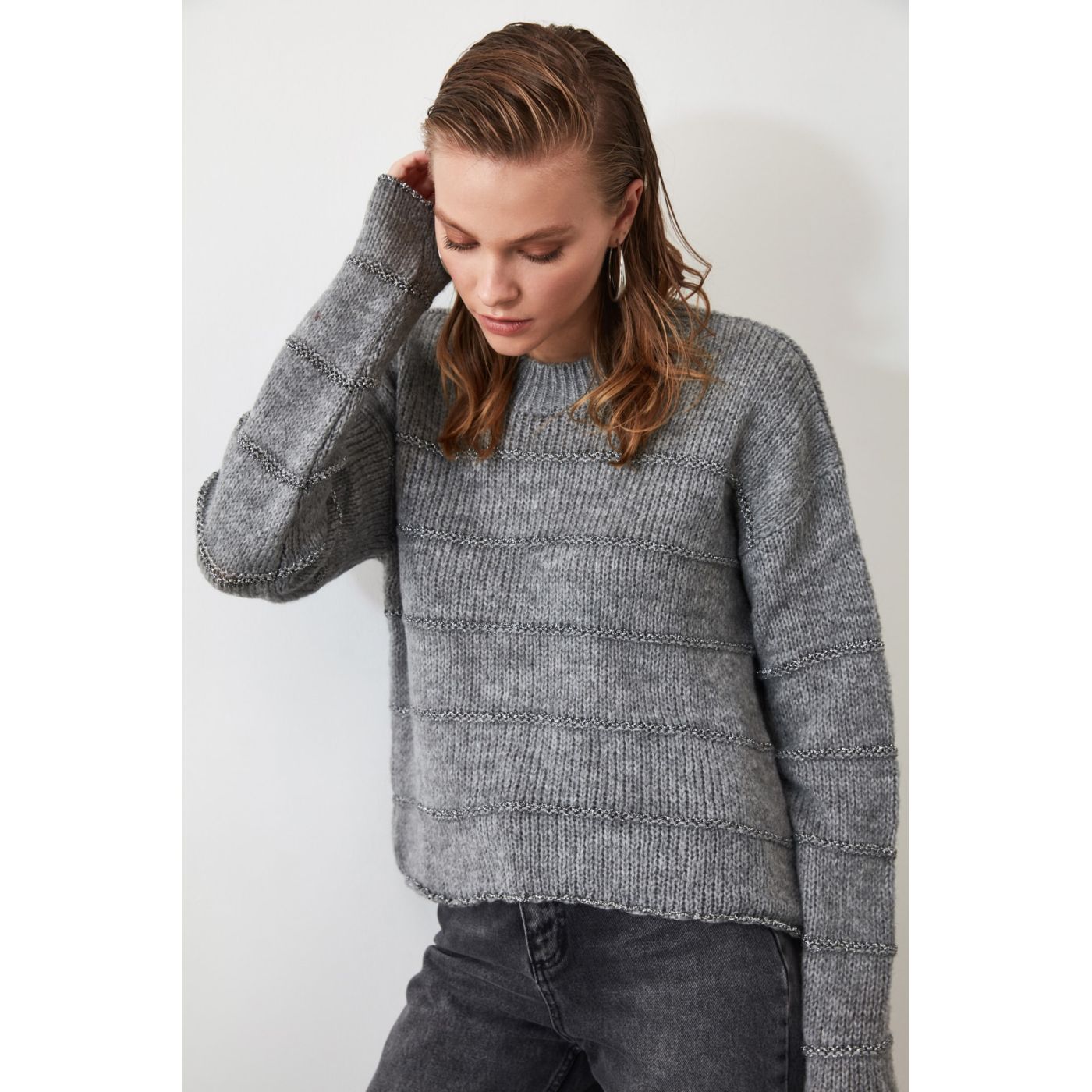 Trendyol Grey Lurexli Knit Sweater