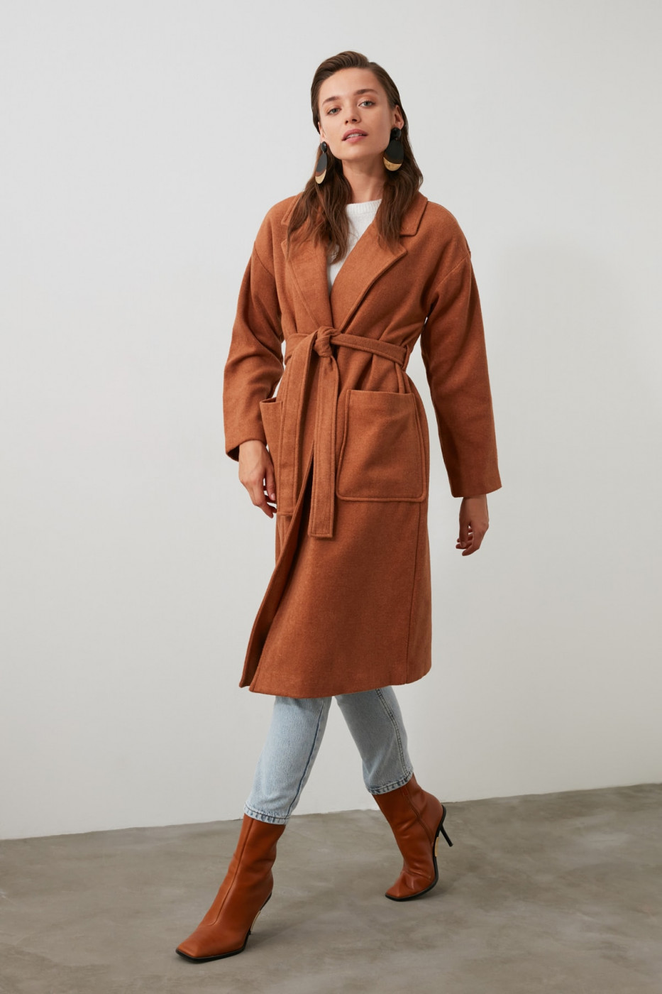 Trendyol Camel Belted Pocket Detailed Stamp Coat