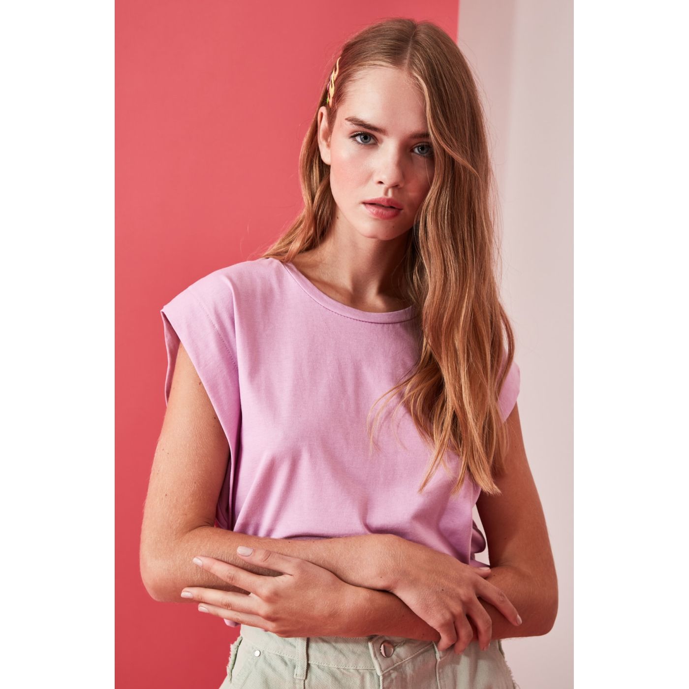 Trendyol Lila Sleeve Detailed Basic Knitted T-Shirt