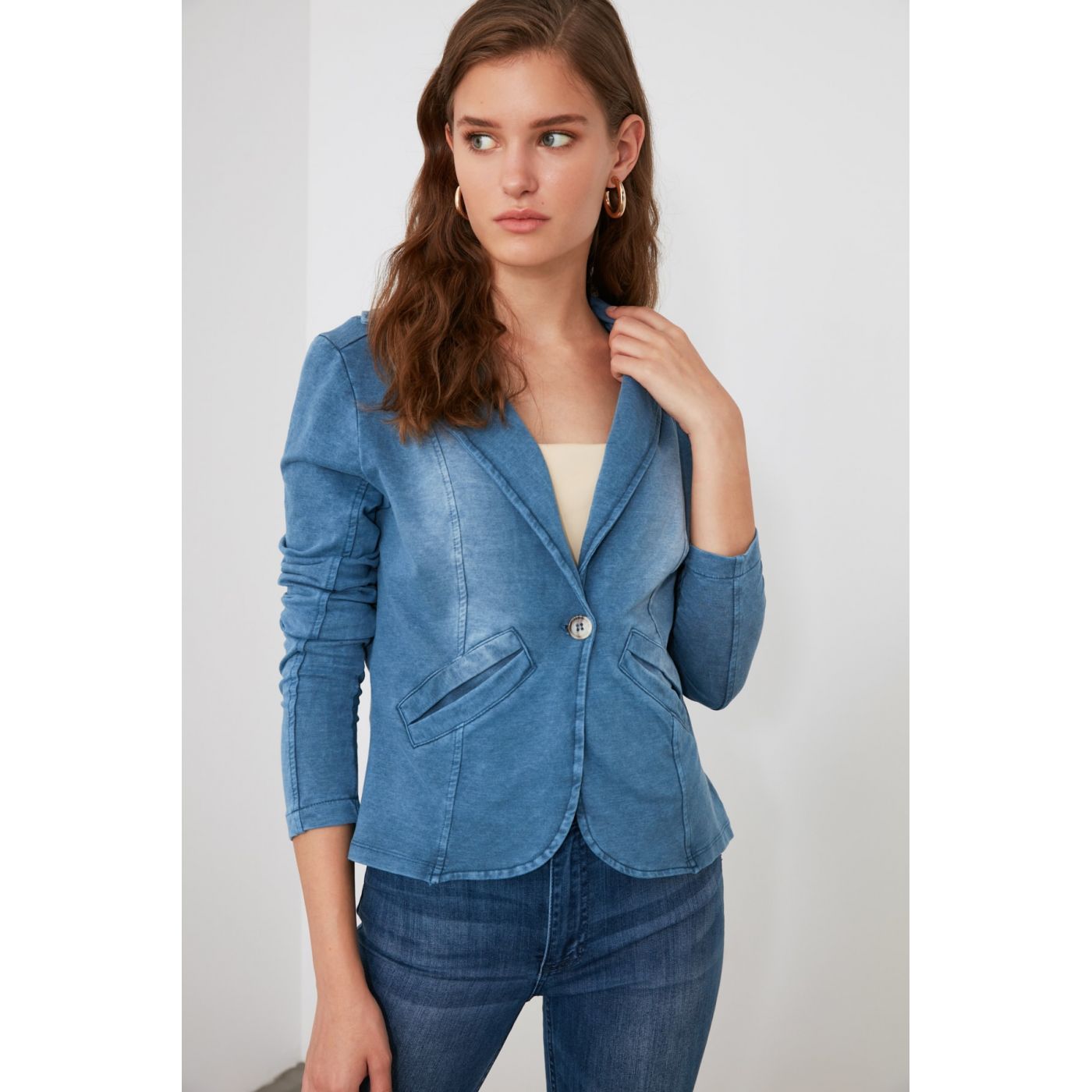 Trendyol Blue Denim Looking Knitted Jacket