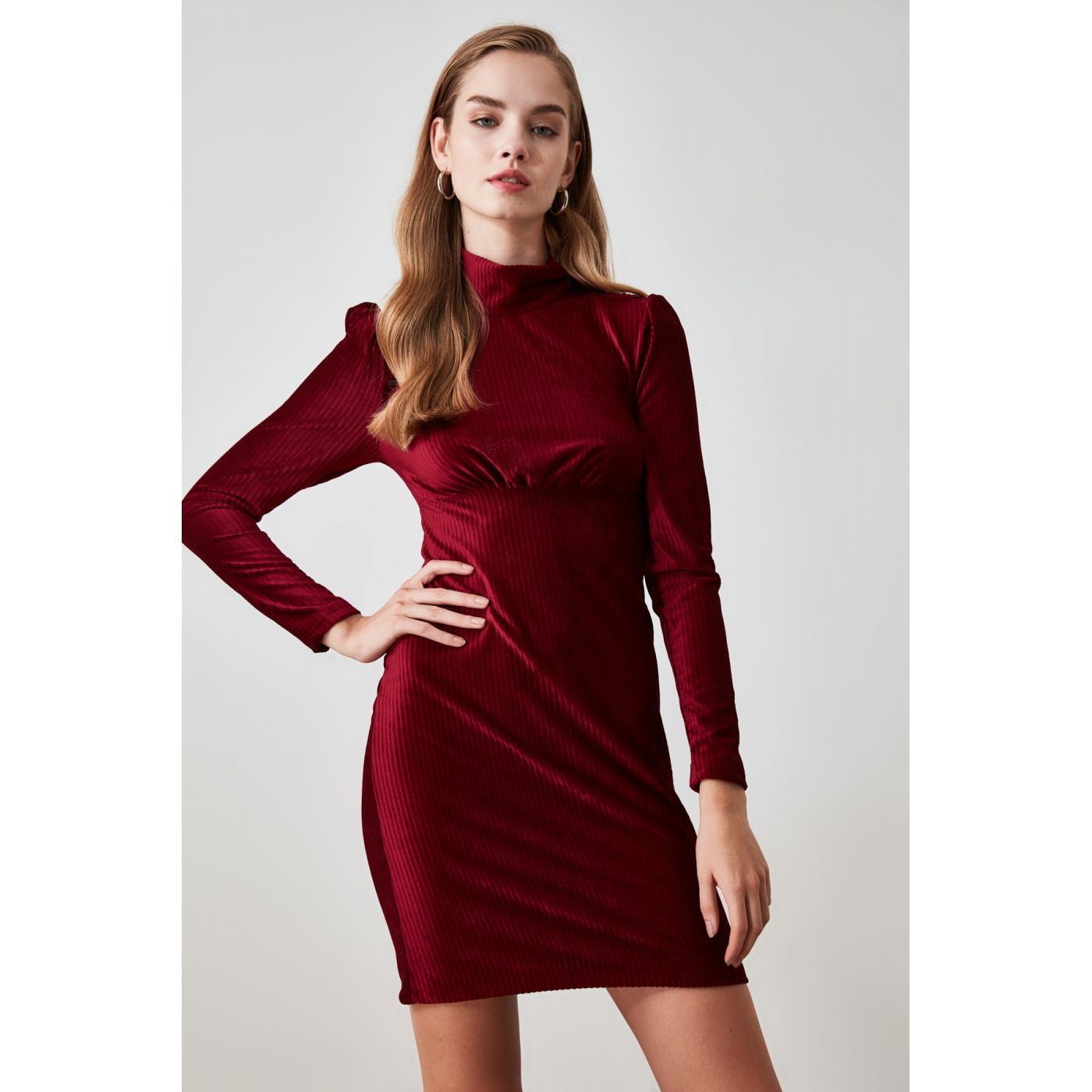 Trendyol Burgundy Wick Velvet Knitted Dress
