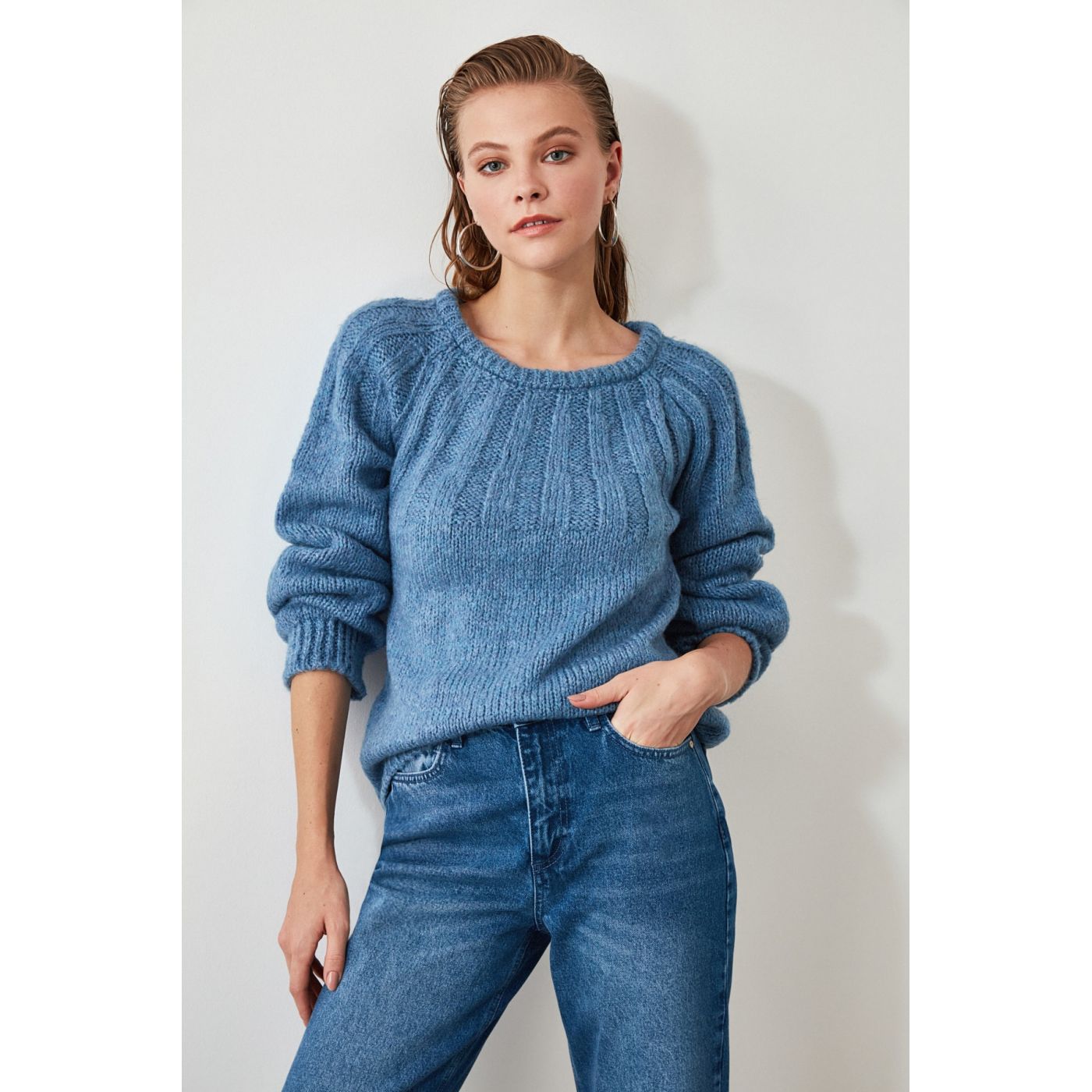 Trendyol Blue Braid Detailed Knitsweater