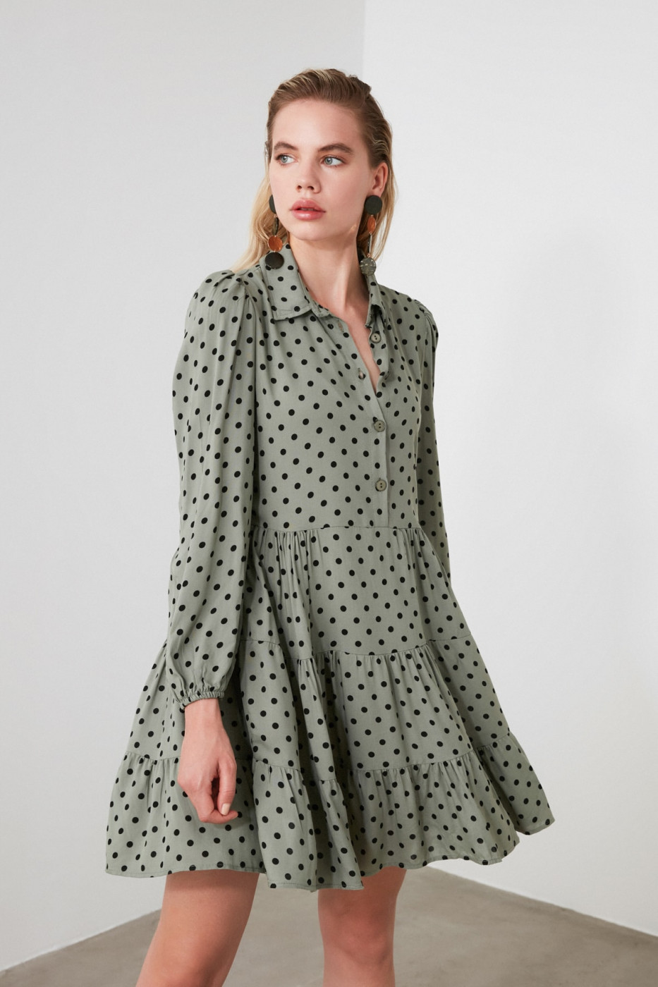 Trendyol Khaki Polka Polka Shirt Dress