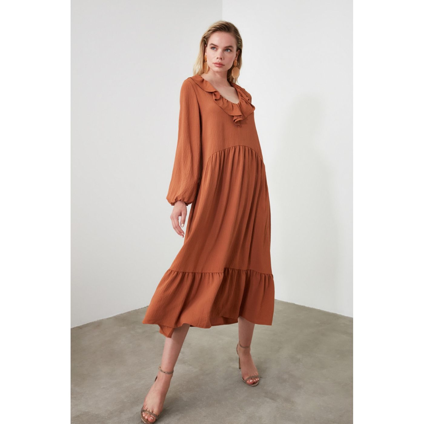 Trendyol Taba NeckLine Detailed Wide Cut Dress