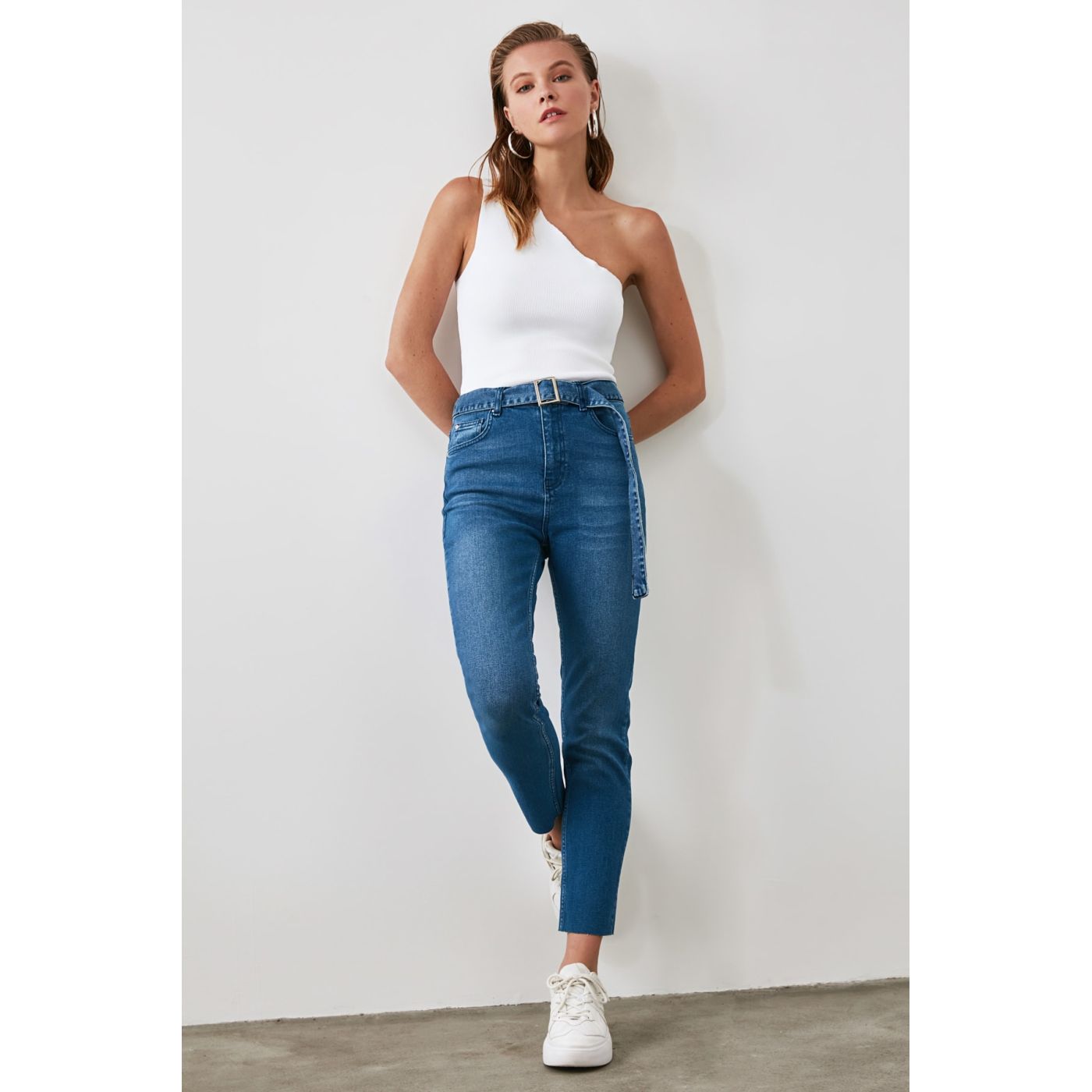 Trendyol Blue Belt High Waist Slim Fit Jeans
