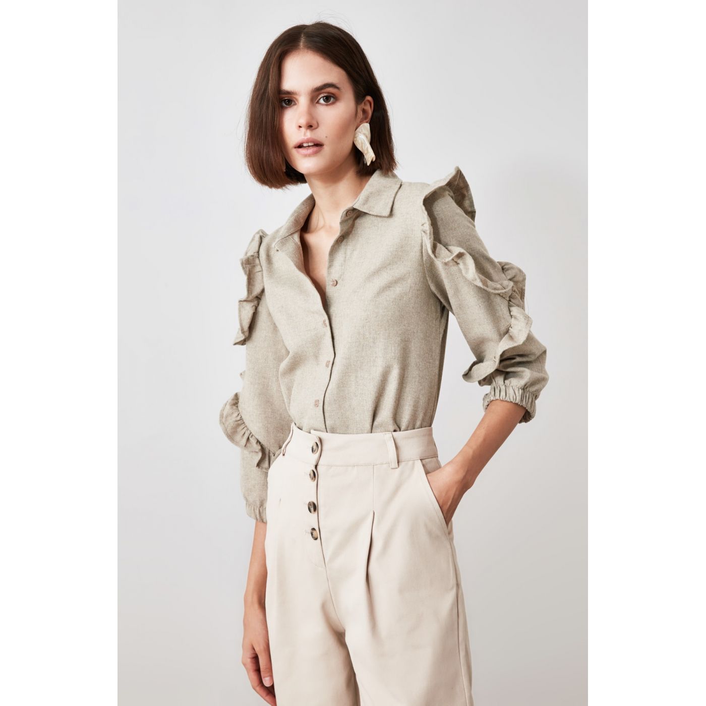 Trendyol Beige Frill Detailed Shirt