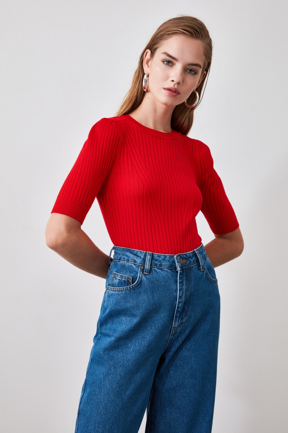 Trendyol Red Short Sleeve Knit Sweater