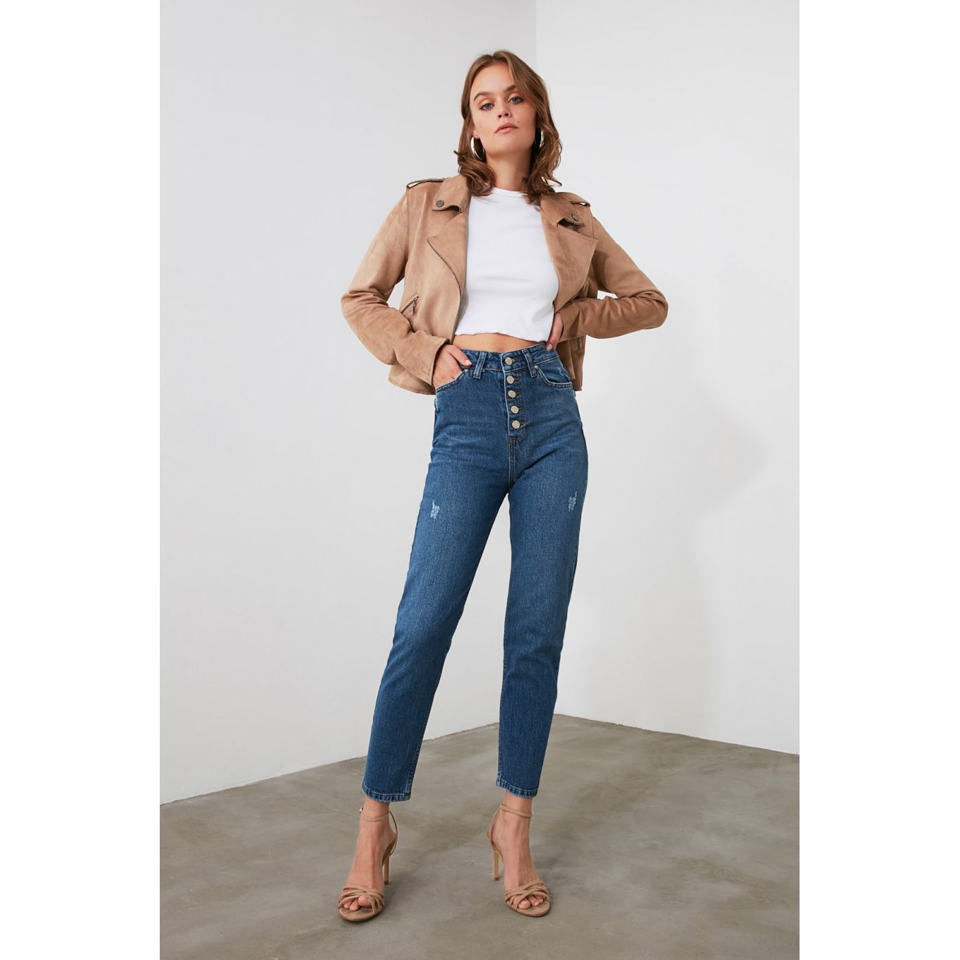 Trendyol High Waist Mom Jeans WITH Navy Ripped Detail Front Buttons