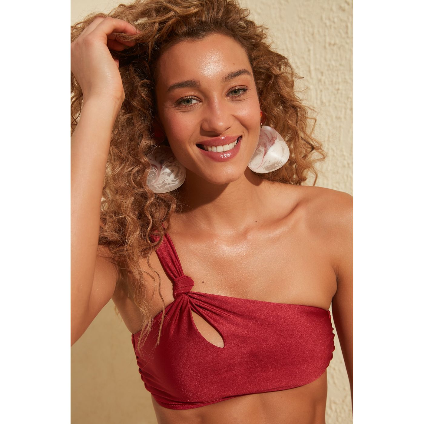 Trendyol Bordeaux One Shoulder Knot Detailed Bikini Top
