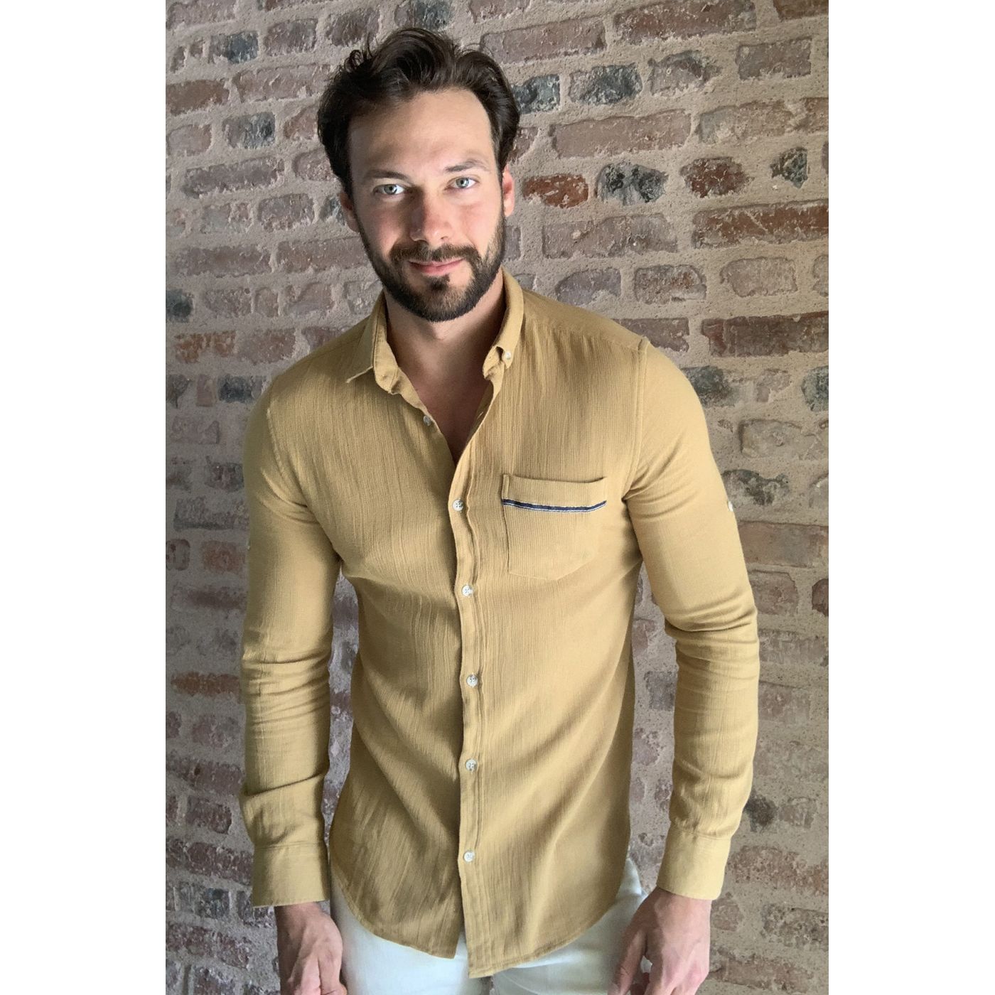 Trendyol Camel Men's Textured Single Pocket Slim Fit Shirt