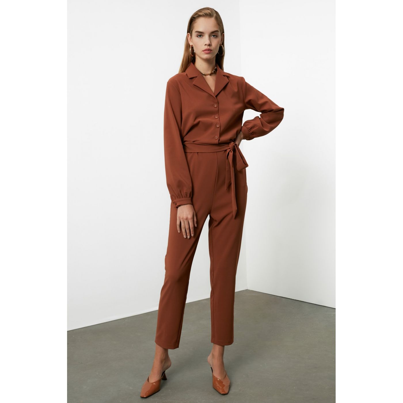 Trendyol Brown Belt Button Detailed Jumpsuit