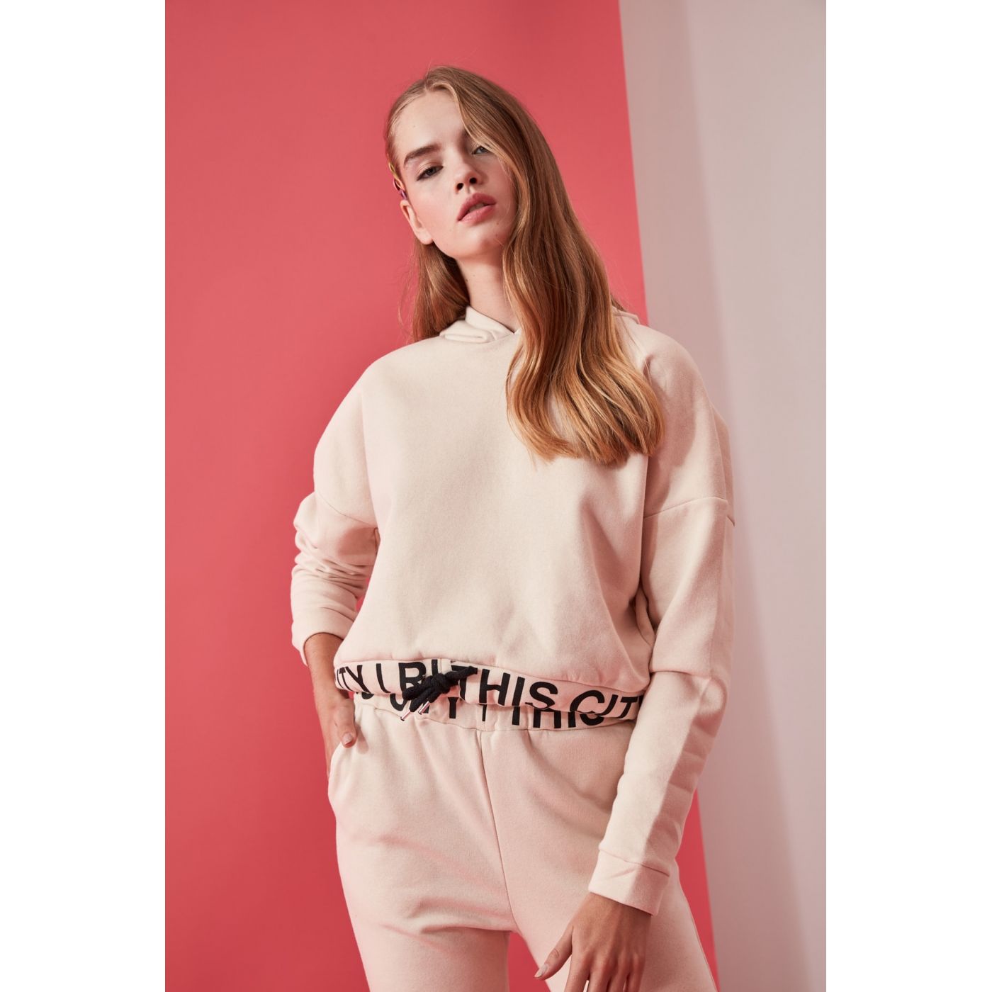 Trendyol Beige Printed Hooded Crop Knitted Sweatshirt