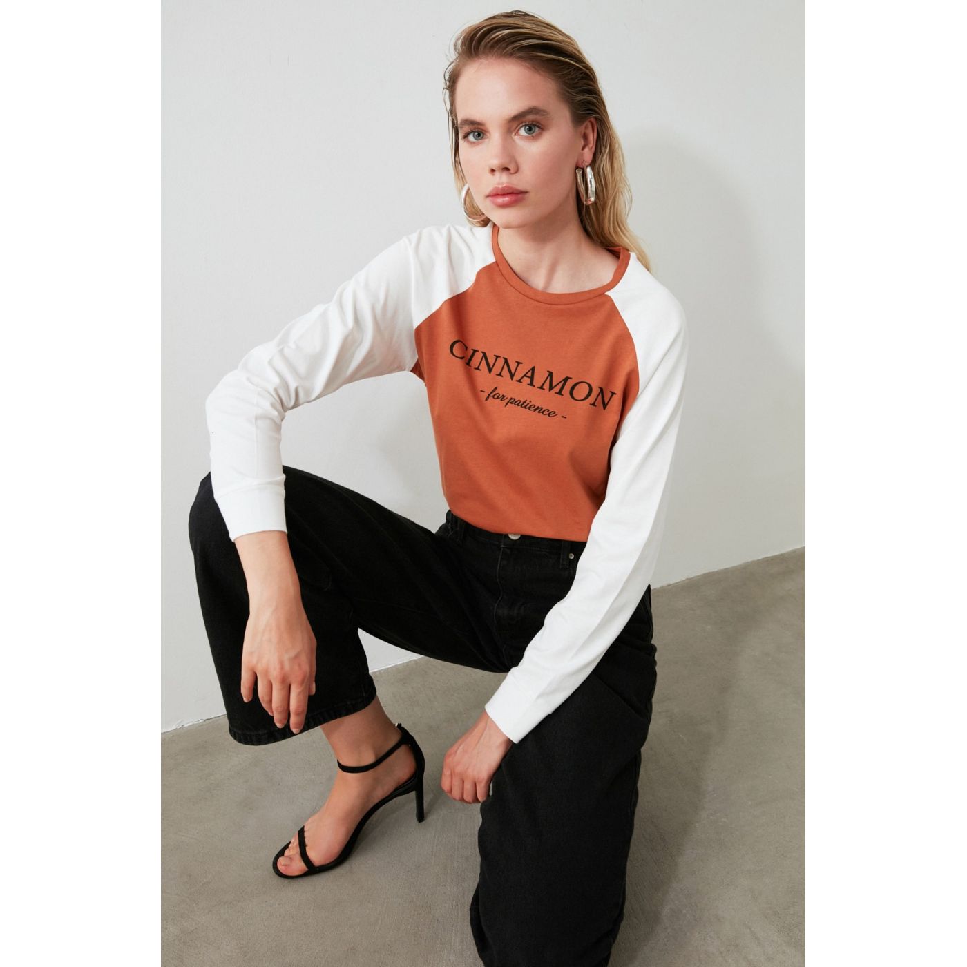 Trendyol Cinnamon Color Block Printed Basic Knitted T-Shirt