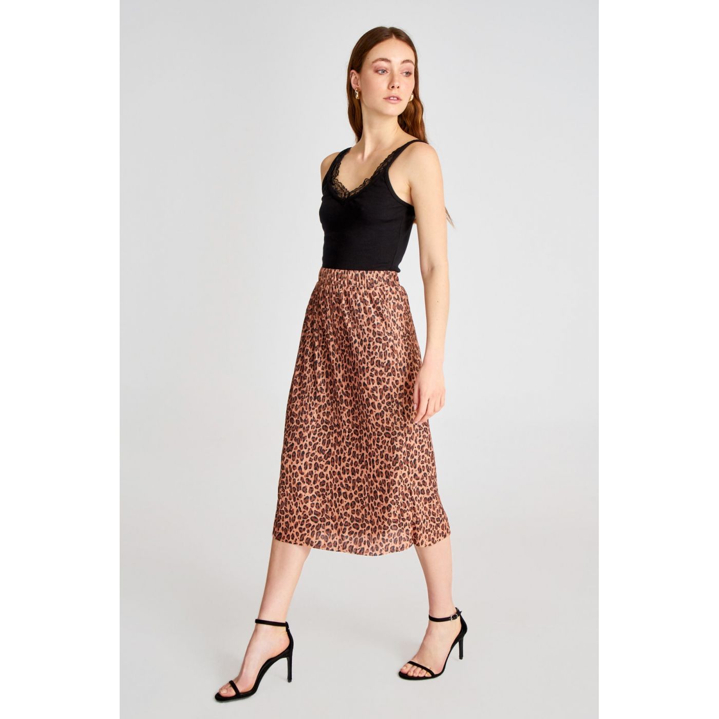 Trendyol Midi Knitted Skirt with Brown Leopard Print Pilise