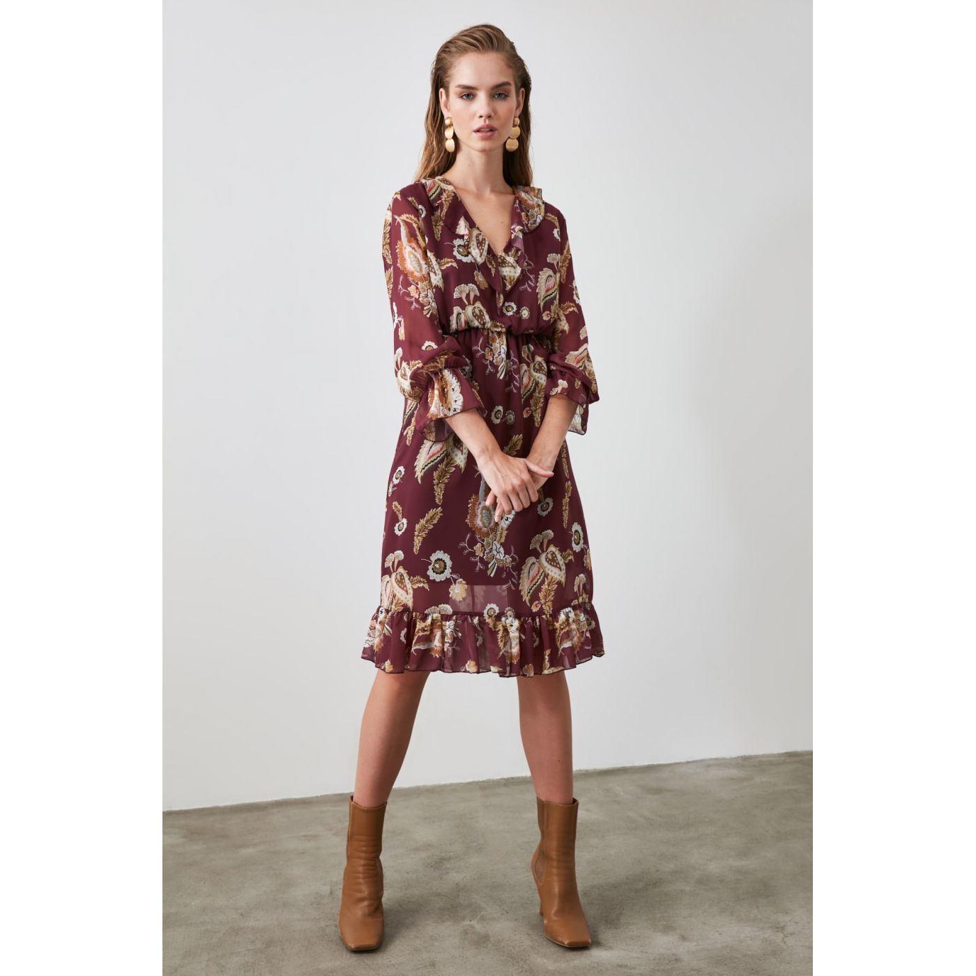 Trendyol Brown Frill Detailed Dress
