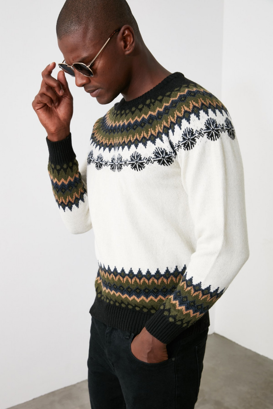 Trendyol Ekru Men's Bike Collar Nordic Knit Sweater