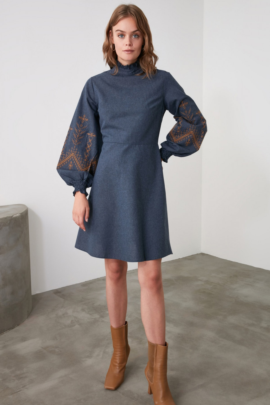 Trendyol Indigo Embroidered Sheer Neckline Dress