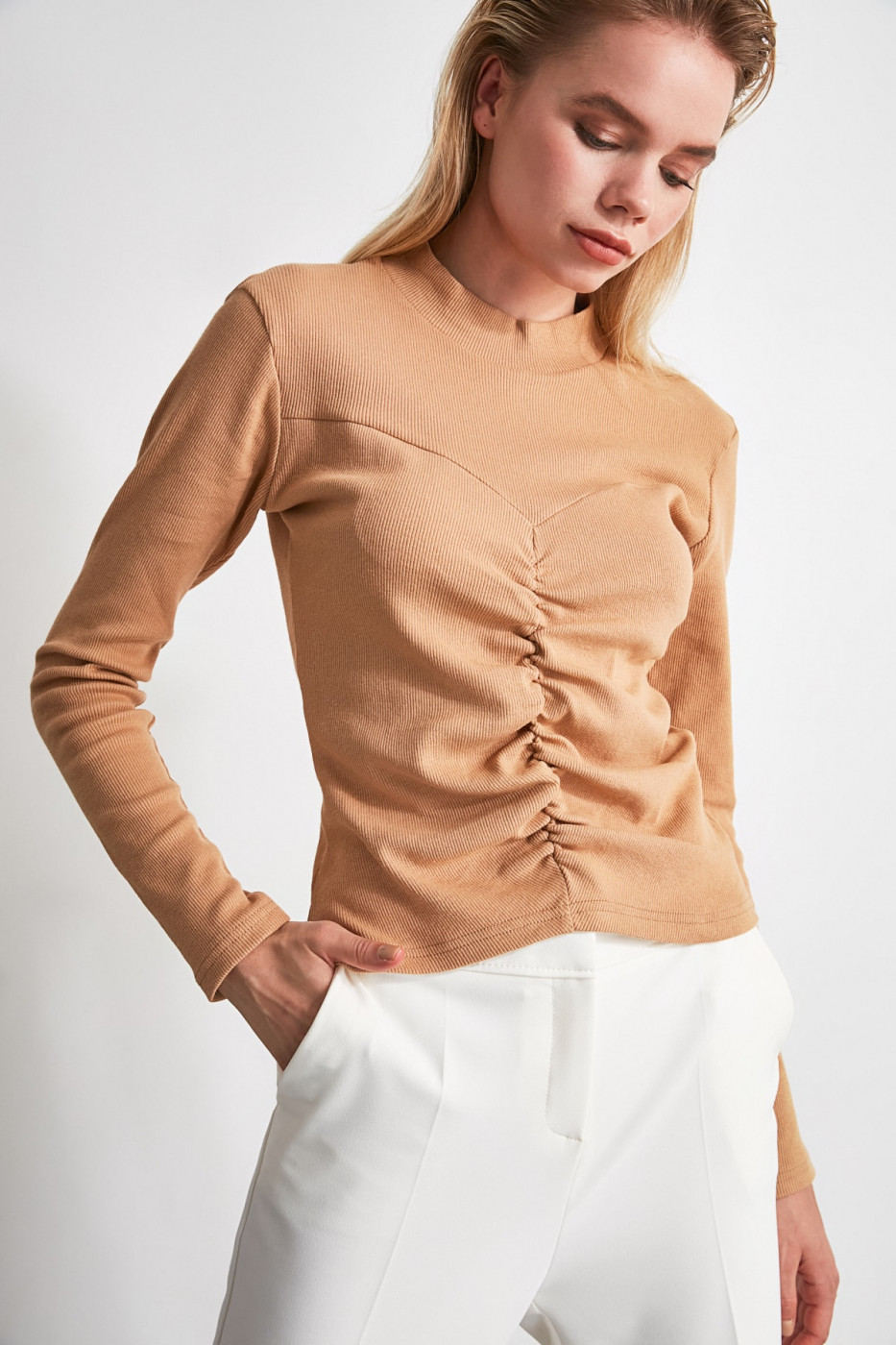 Trendyol Camel Ruffled Knitted Blouse