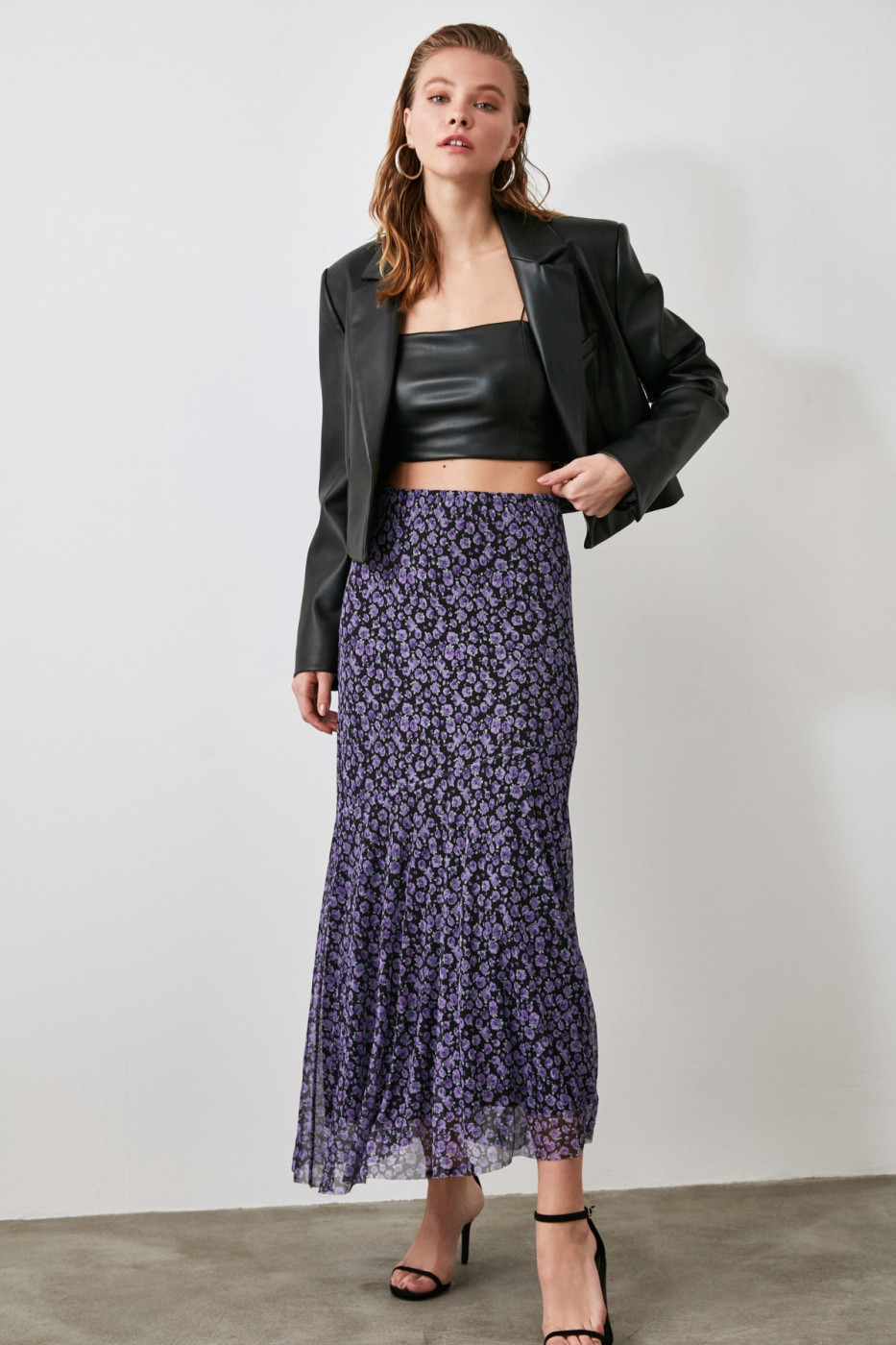 Trendyol Purple Patterned Midi Knitting Skirt