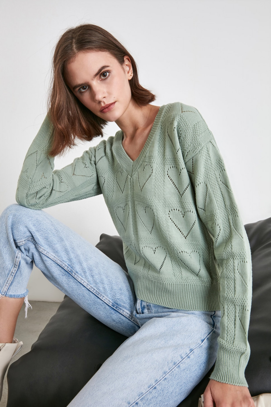 Trendyol Mint V Collar Ajurlu Knitwear Sweater